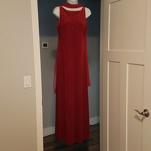Red velvet gown with light catching sparkles